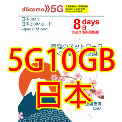 日本 多網絡 Rakuten Docomo SoftBank KDDI 8日5G 10GB之後384K無限《購買2張免費順豐》上網卡數據卡Sim卡電話咭data